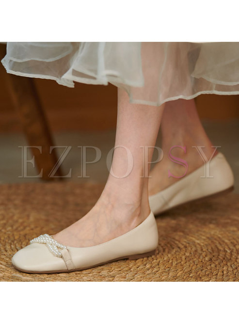 Pearl Embellished Square Toe Leather Flats