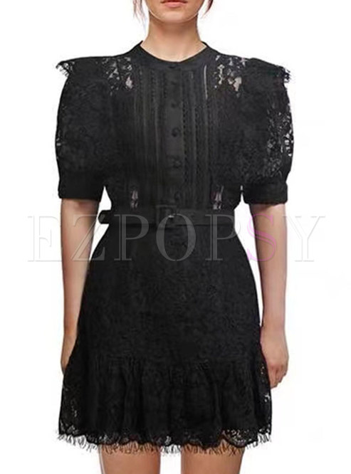 Black Half Sleeve Cut Out Back Lace Dress
