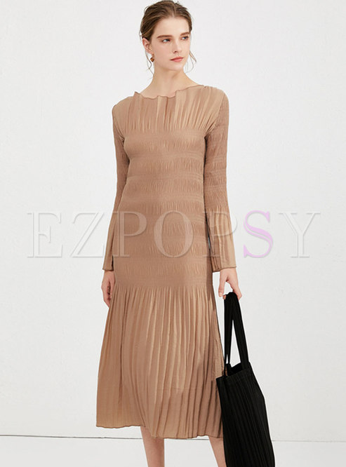 Off-the-shoulder Long Sleeve Pleated Maxi Dress