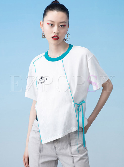Color-blocked Pullover Embroidered Asymmetric T-shirt