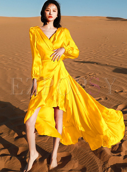 Yellow Lantern Sleeve A Line Maxi Dress