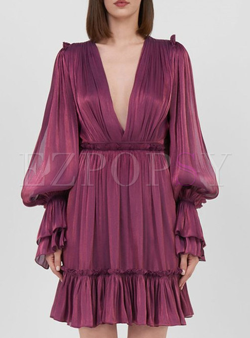Purple V-neck Long Sleeve Glossy Mini Dress