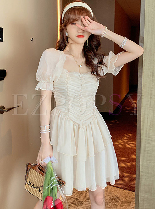 Puff Sleeve High Waisted Ruched Skater Dress