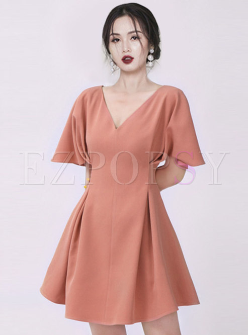 Salmon-pink V-neck Flare Sleeve Mini Dress