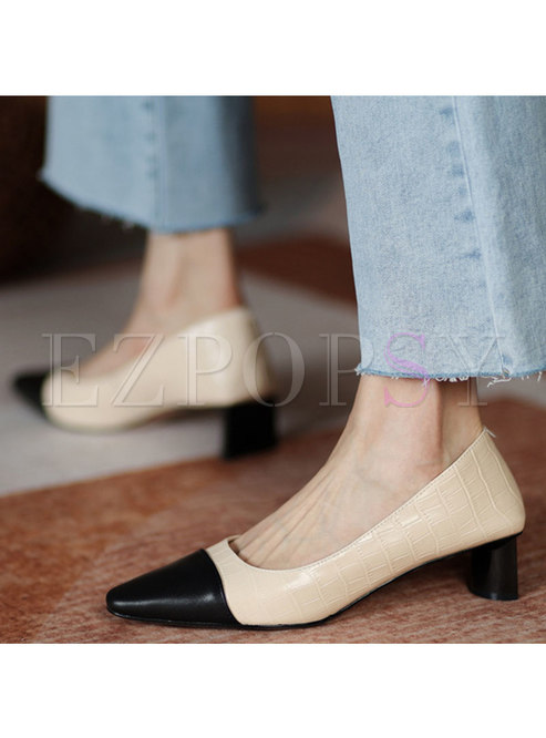 Chic Patchwork Leather Square Heel Pumps