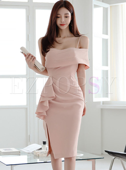 Sexy Pink Off-the-shoulder Ruched Bodycon Slip Dress