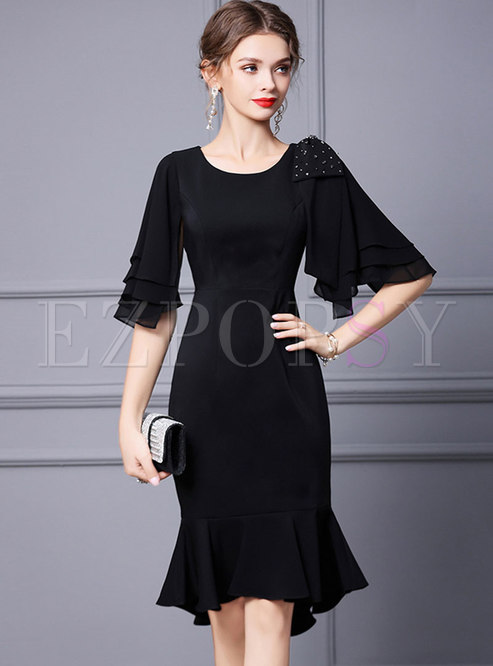 Black Half Sleeve Beaded Bodycon Peplum Dress