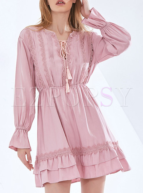 Sweet Pink Embroidered Flare Sleeve Skater Dress