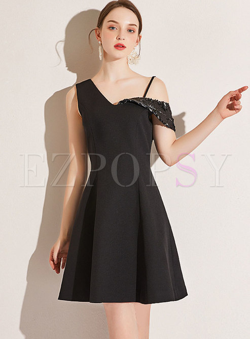 Black Asymmetric High Waisted Mini Skater Dress
