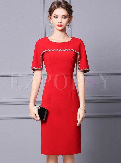 Red Beaded Shawl Sleeve Bodycon Cocktail Dress