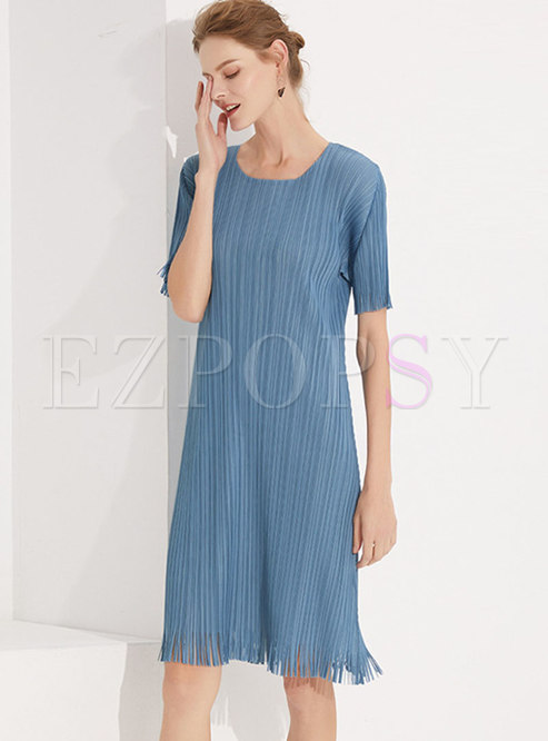 Casual Crew Neck Pleated Fringed A Line Dress
