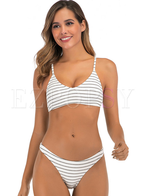 Sexy Scoop Neck Striped Bikini