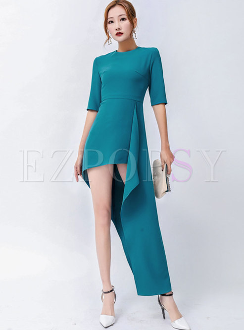 Blue Half Sleeve Asymmetric Party Dress