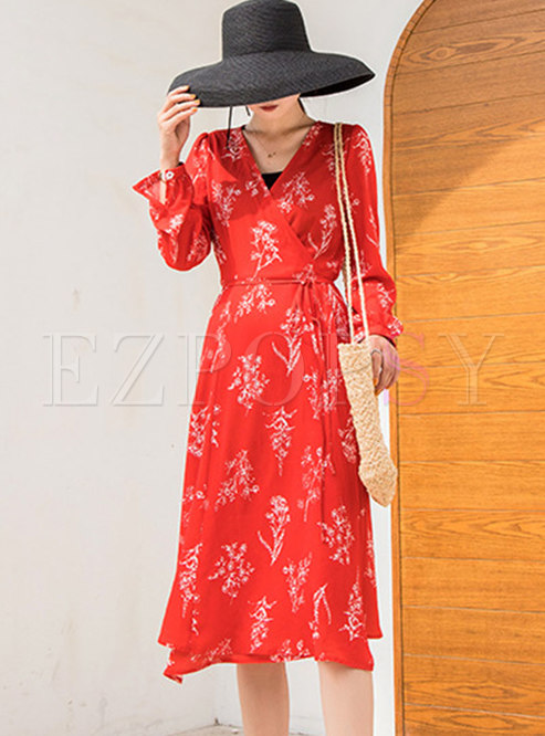 Red V-neck Long Sleeve Chiffon Midi Dress