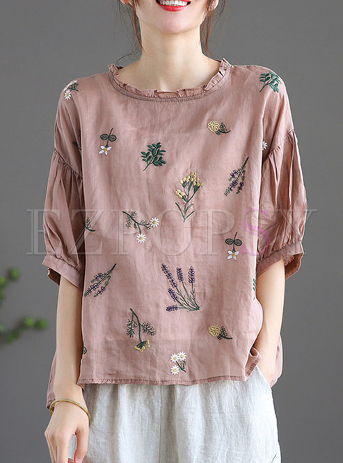 Retro Embroidered Pullover Loose T-shirt
