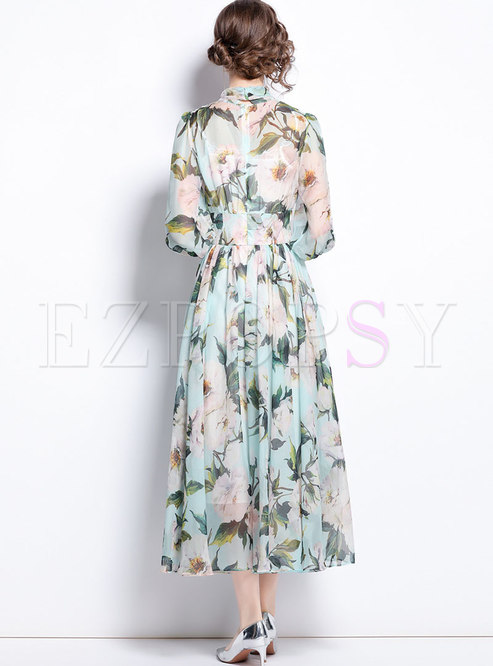 Dresses Maxi Dresses Bowknot Mock Neck Print Chiffon Big Hem Maxi Dress 2573