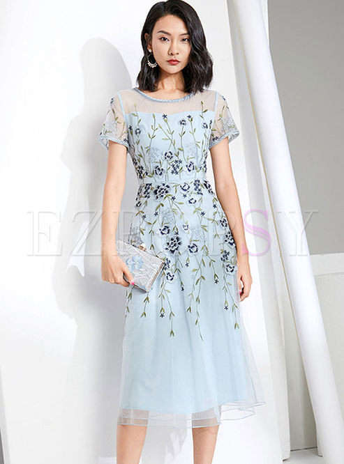 Crew Neck Mesh Embroidered A Line Bridesmaid Dress
