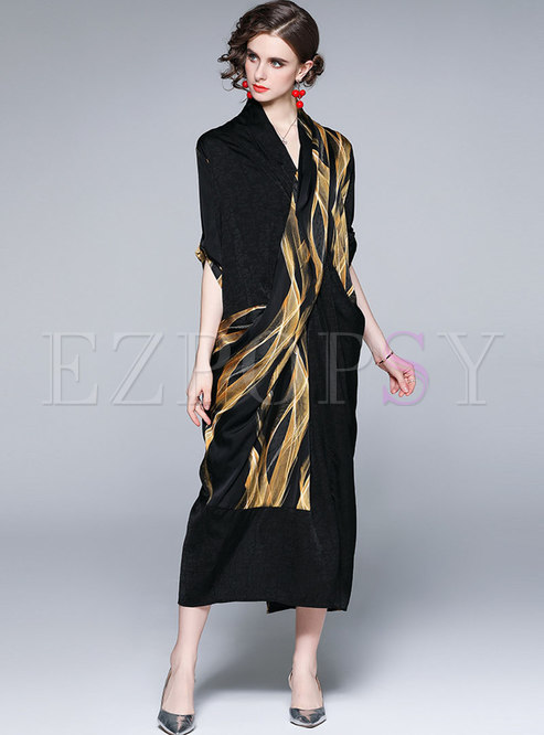 Black V-neck Print Ruched Asymmetric Maxi Dress