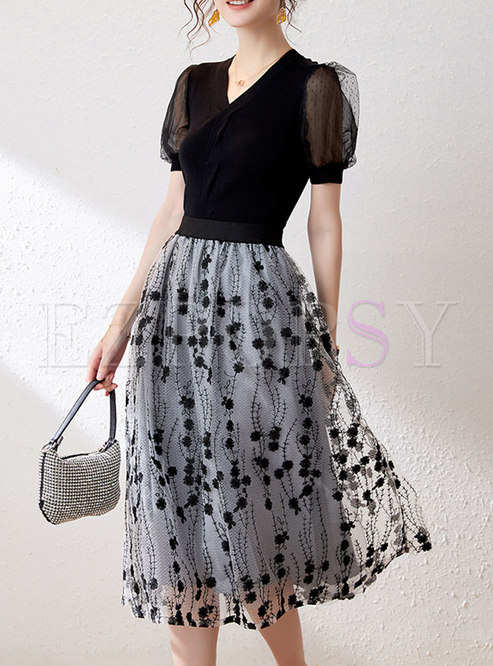 Puff Sleeve Pullover Top & Mesh Embroidered Midi Skirt