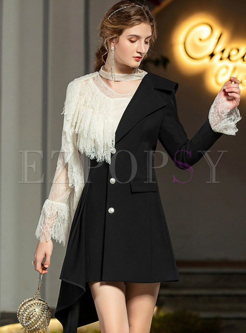 Ruffle Lace Pullover Blouse & Asymmetric Blazer Dress