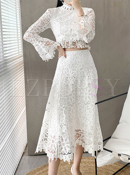 White Lace Openwork A Line Midi Skirt Suits