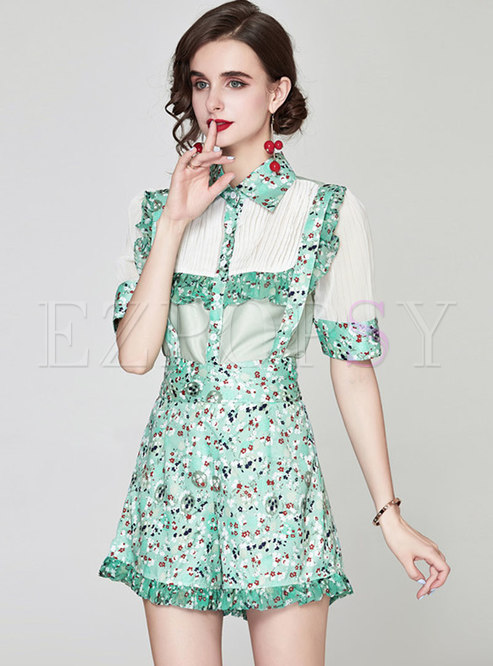 Turn-down Collar Print Patchwork Hot Pant Suits