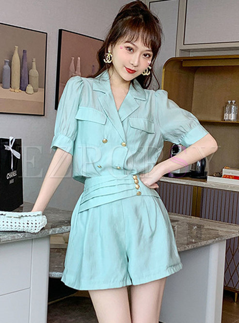 Casual Notched Collar High Waisted Hot Pant Suits