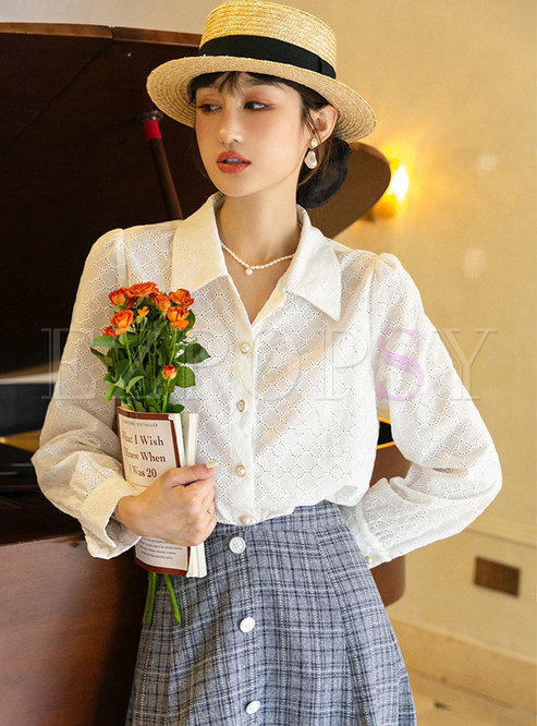 White Turn-down Collar Single-breasted Blouse