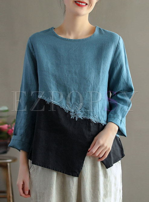 Color-blocked Patchwork Linen Pullover T-shirt