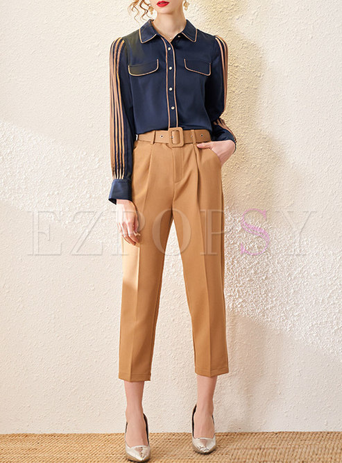 Turn-down Collar Ruched Blouse & High Waisted Dress Pants