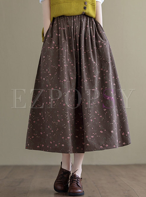 Retro High Waisted Print Plus Size Long Skirt
