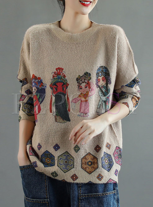 Crew Neck Print Pullover Faux Mink Velvet Sweater