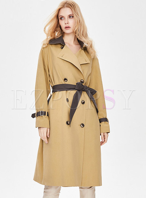 Color-blocked Lapel Double-breasted Trench Coat
