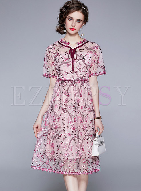 Pink Mesh Lace Embroidered A Line Dress