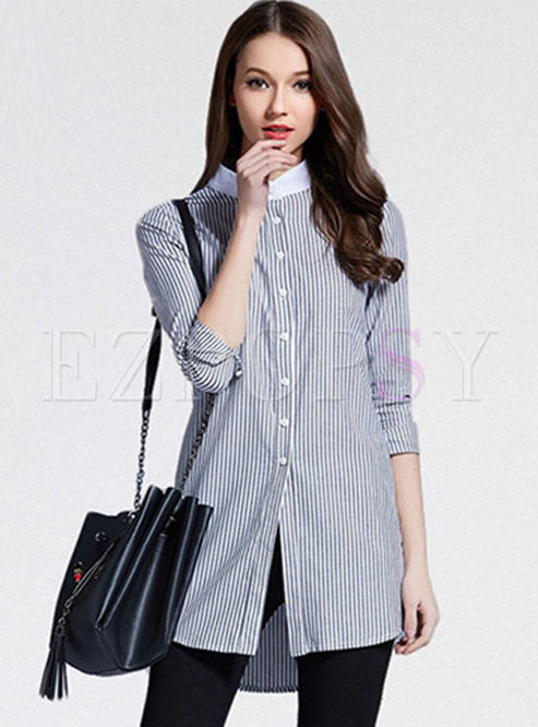 Mock Neck Long Sleeve Striped Single-breasted Blouse