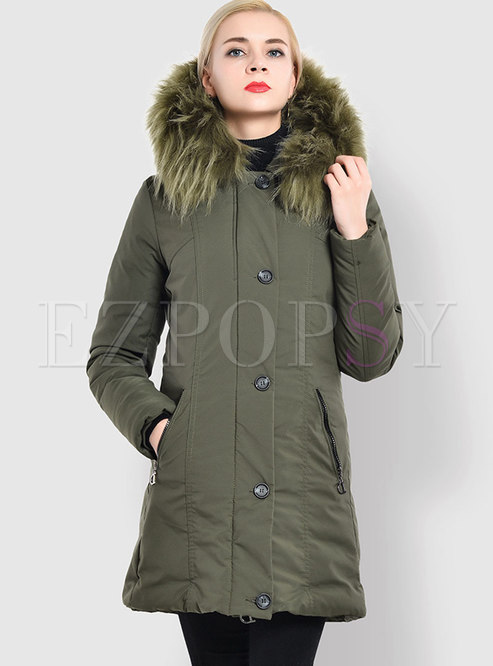 Army Green Hooded Slim Down Cotton Coat