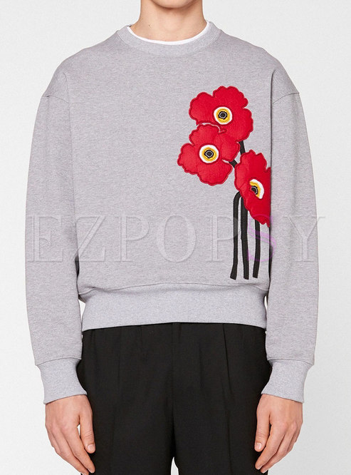 Grey Flowers Embroidered Pullover Sweatshirt