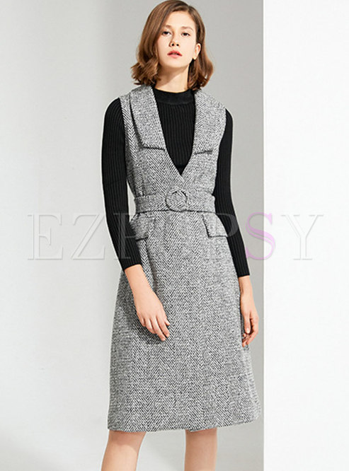 Grey V-neck Sleeveless Belted A Line Dress