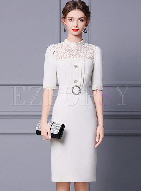 White Puff Sleeve Lace Patchwork Bodycon Dress