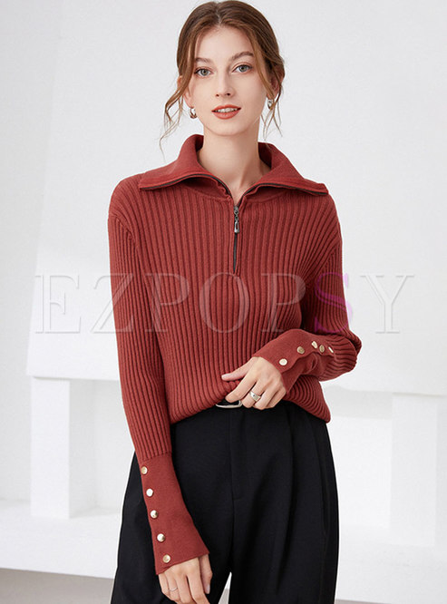 Turn-down Collar Long Sleeve Pullover Sweater