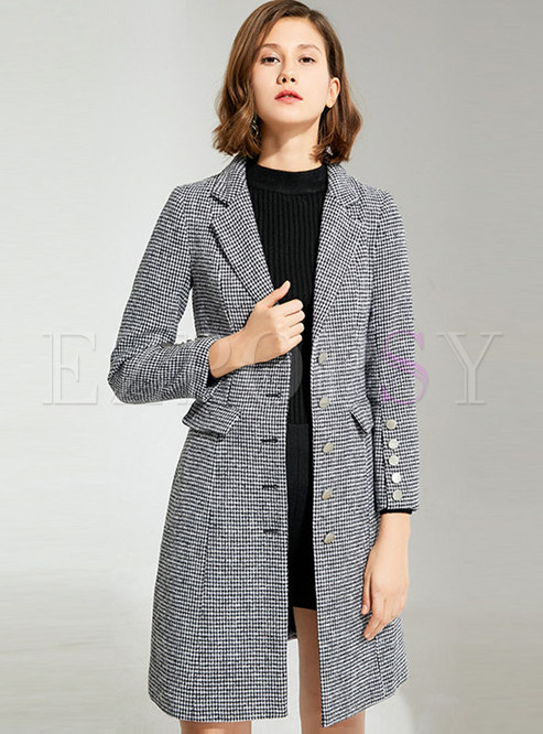Notched Collar Houndstooth Wool Blend Overcoat