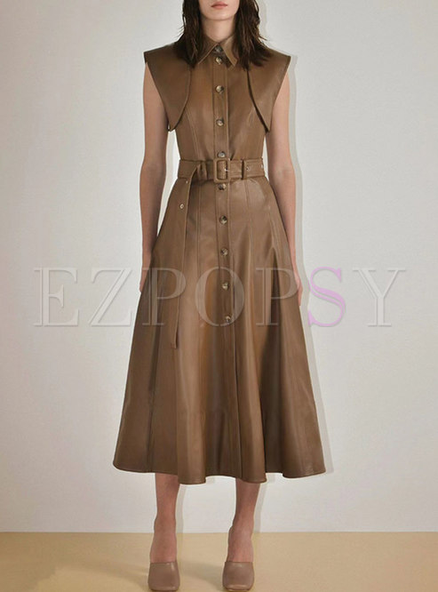 Casual Brown Leather Midi Dress With Buttons