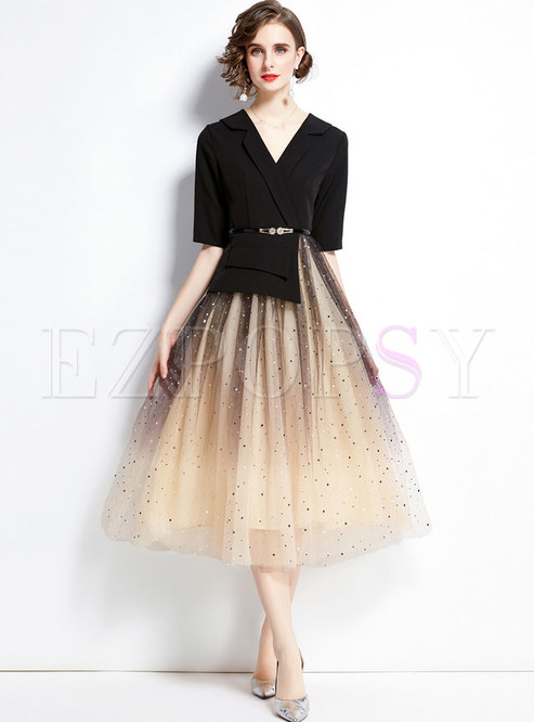 Mesh Long Party Dress With Stars Design