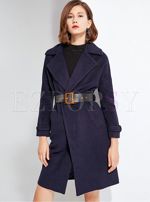 Notched Collar Wool Blend Overcoat With Belt