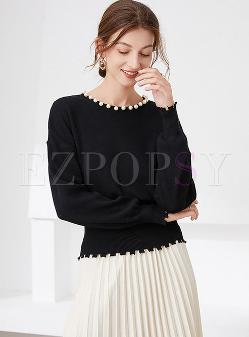 Crew Neck Beaded Back Cut Out Pullover Sweater
