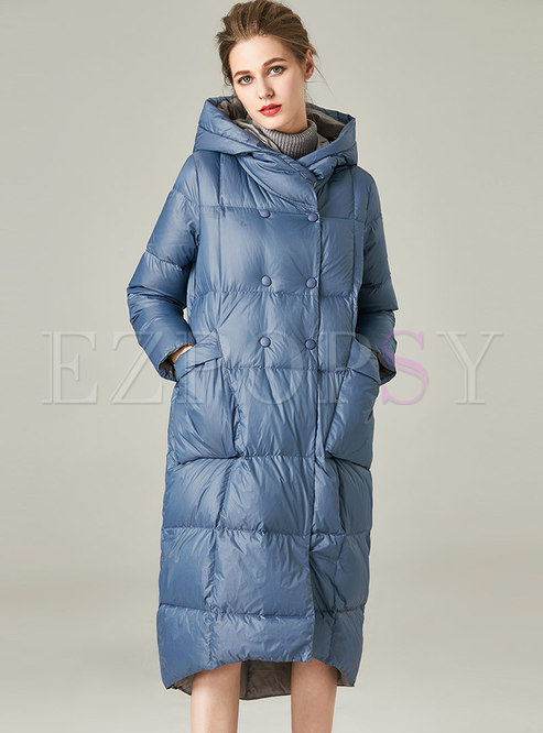Hooded Plus Size Button-down Long Puffer Coat