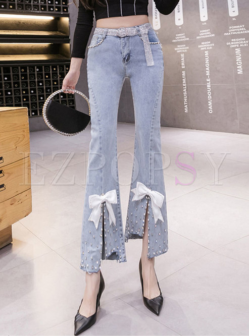High Waisted Bowknot Cropped Bell Bottom Jeans