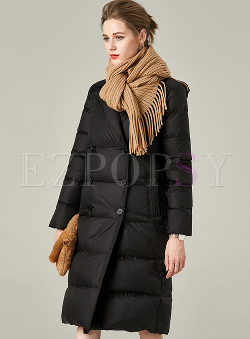 Hooded Double-breasted Back Split Puffer Coat