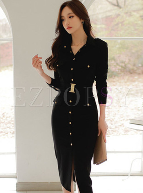 Long Sleeve Button-down Belted Sweater Dress