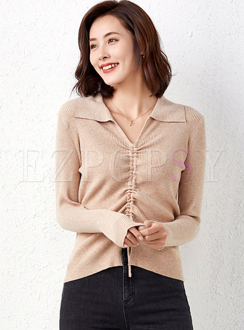 V-neck Drawstring Long Sleeve Pullover Sweater